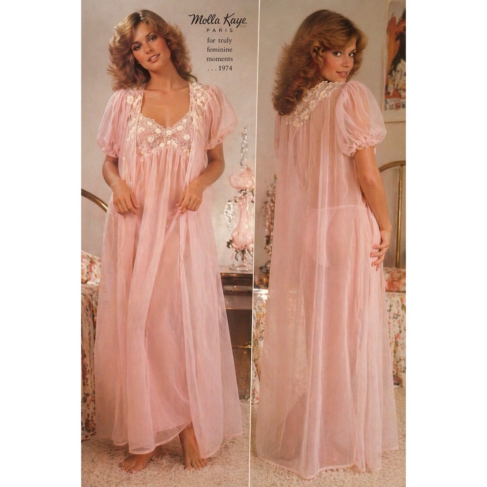 Vintage 70s Molla Kaye Pink Sheer Peignoir Set Floral Appliqué Nightgown Robe